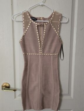 bebe Taupe Bodycon Mini Dress with Gold Studs